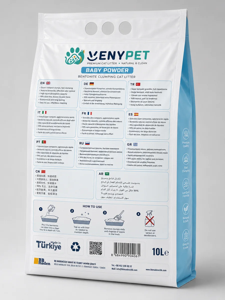 Baby Powder cat litter multilingual back panel