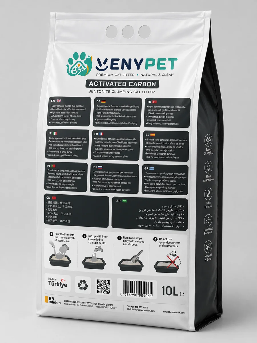 Activated Carbon cat litter multilingual back panel