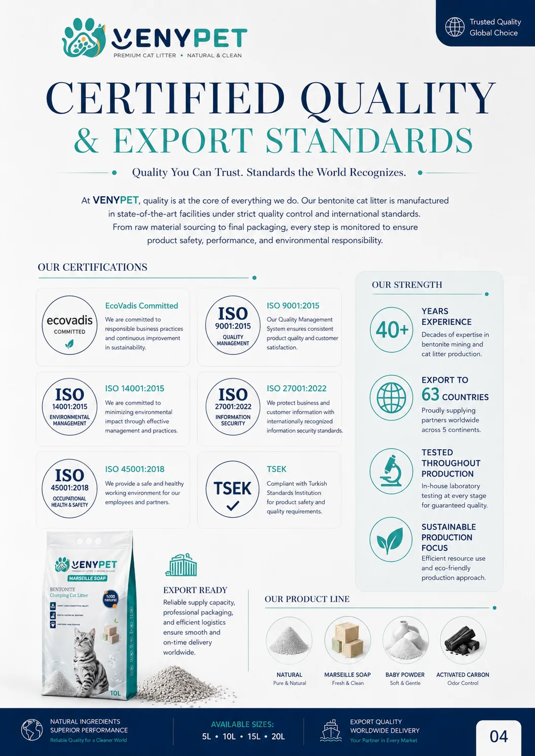 Certified quality and export standards for VENYPET bentonite cat litter