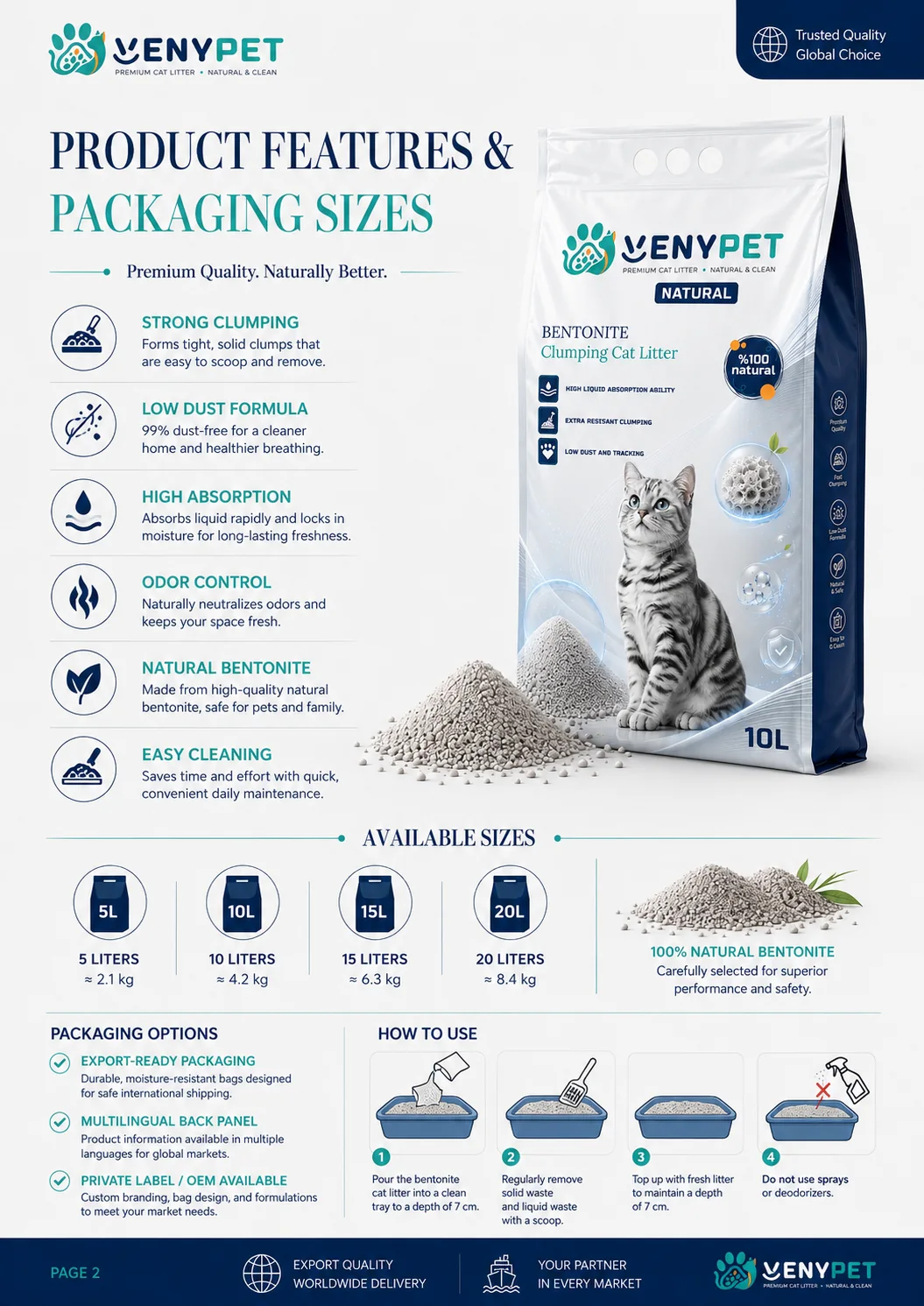 VENYPET product features and packaging sizes catalog page