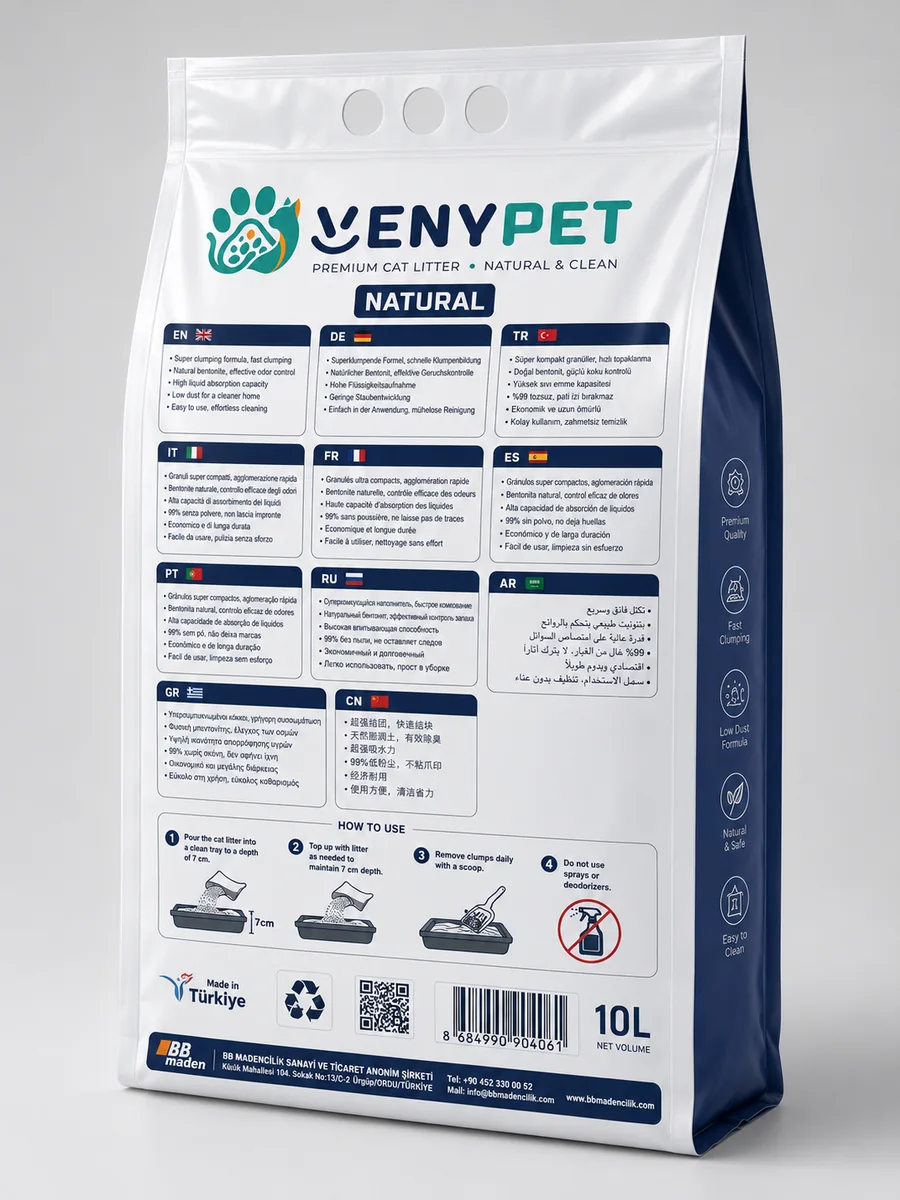 Natural cat litter multilingual back panel